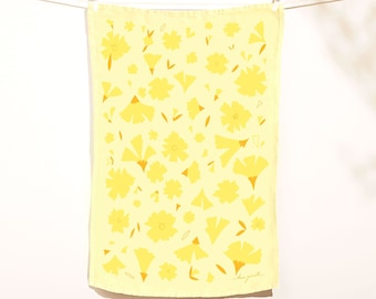 Handmade Linen Marigold Tea Towel, Screen Printed Kitchen Decor