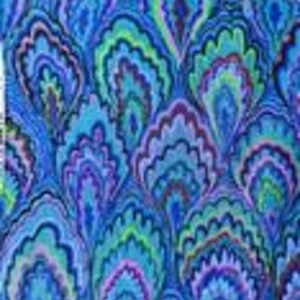 May include: A patterned fabric featuring a repeating design of stylized peacock feathers in shades of blue, teal, and purple. The design has a layered effect, creating depth. The fabric's colour palette is rich and eye-catching.