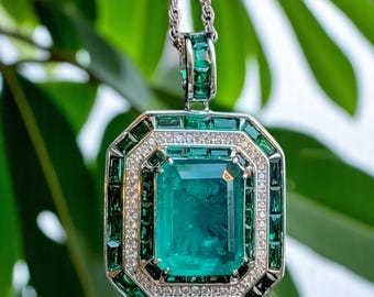 Emerald Necklace, Vintage Art Deco Jewelry Set, 925 Silver Pendant  & Statement Ring, May Birthstone, Emerald Ring, Gift for Her!