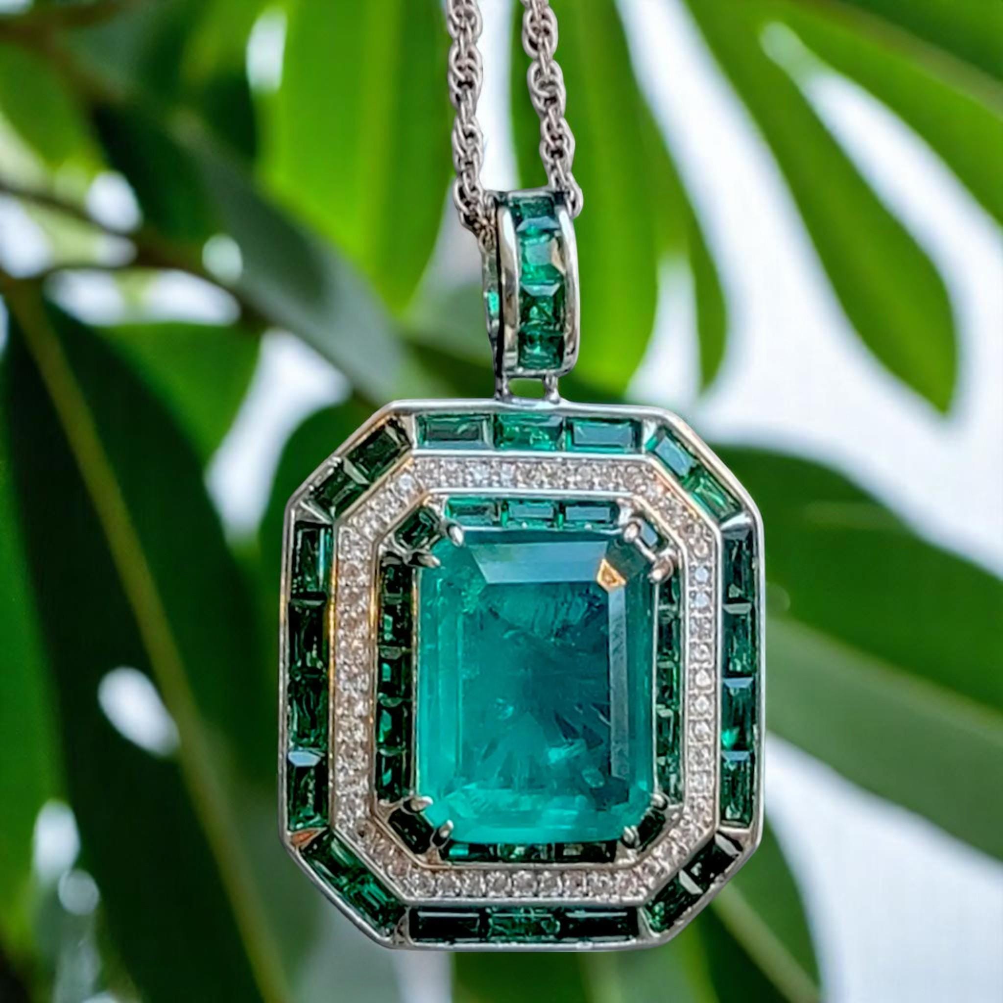 Art Deco Emerald Jewelry Set: 925 Silver Necklace & Ring