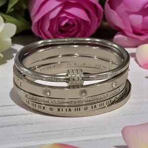 Silver Bracelet, Stainless Steel Bangle, Waterproof, Tarnish Free, Stackable Bracelet, Bangle Set, Roman Numerals, Rhinestones, Gift for Her