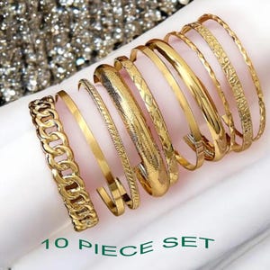 Gold Bangle Set, 10 Piece Stackable Bracelets, Boho Silver Bangles, Fashion Jewelry, Stylish Bohemian Folk Accessories, Beach Wedding Gift