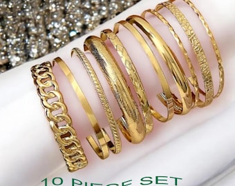 Gold Bangle Set, 10 Piece Stackable Bracelets, Boho Silver Bangles, Fashion Jewelry, Stylish Bohemian Folk Accessories, Beach Wedding Gift