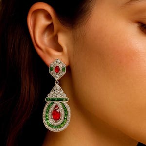 Boucles d'oreilles art déco rubis émeraude - Boucles d'oreilles pendantes festives, cadeau de fête des mères pour elle !