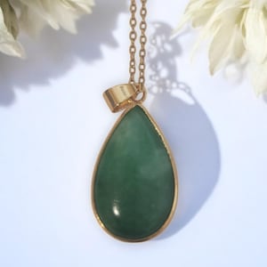 Elegant Green Jade Teardrop Pendant Necklace – Gold Filled Sterling Silver, Minimalist Jewelry for Women, Good Luck Charm