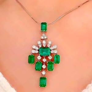 Stunning Geometric Lab Emerald Necklace, Diamond Statement Jewelry, Luxury Emerald Green Gift for Her, May Birthstone, Chandelier Shape!