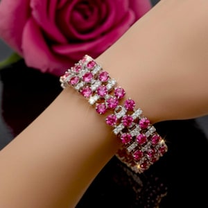 Bransoletka z rubinem i diamentami: srebro próby 925, cyrkonia sześcienna, kamień urodzinowy lipca, Walentynki