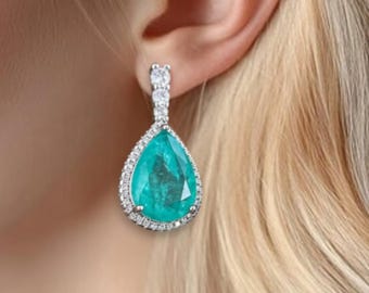 Paraiba Tourmaline Earrings, Dangle Drop Design, October Birthstone, Stunning Green Ocean Color,  Earrings with Carbon Diamond Halo!