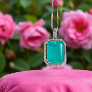 STUNNING Blue Paraiba Tourmaline Necklace, Emerald Cut, October Birthstone, 925 Silver Jewelry, Blue Tourmaline, Glowing Neon Blue Gemstone!