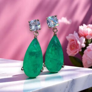 Boucles d&#39;oreilles pendantes en argent 925 : pendants d&#39;oreilles vert émeraude cultivées en laboratoire