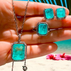 Neon Paraiba Tourmaline Jewelry Set: Sterling Silver Ring, Necklace, Earrings