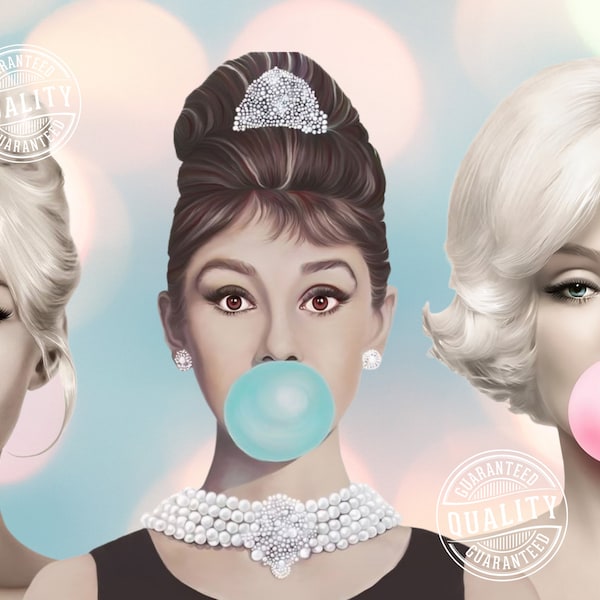 Marilyn, Audrey & Brigette Bubblegum Digital Designs - 4 STYLES - Marilyn Monroe, Audrey Hepburn ,Brigitte Bardot Bubblegum Digital Art