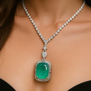 STUNNING CZ Diamond Emerald Necklace |SPARKLING Old Hollywood Style Emerald Pendant | Art Decco, Statement Necklace, 23 X 20mm Lab Emerald!