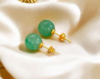 Nephrite Jade Stud Earrings: 925 Sterling Silver, 8mm Green Jade