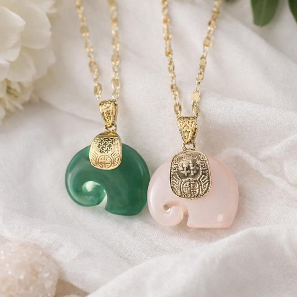 14K Gold Carved Jade Elephant Charm Pendant Necklace