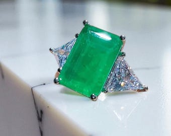 Lab Grown Emerald Ring: 925 Sterling Silver, Cubic Zirconia Accents
