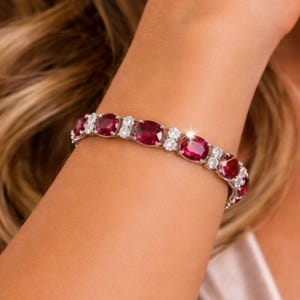 Pulsera de tenis de rubí: baguette, circonita cúbica, plata de ley, piedra natal de julio, ¡regalo de San Valentín para ella!