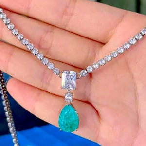 Elegant Paraiba Tourmaline Water Drop Necklace | AAA Cubic Zirconia Choker | Titanic Blue Pendant | Bridal Wedding Jewelry | Gift for Her
