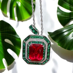 Ruby Emerald Necklace: Vintage Sterling Silver Diamond Pendant