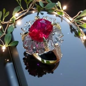 Bague cocktail fleur rubis : argent 925, zircons cubiques, cadeau de Saint-Valentin !