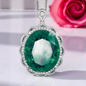 Emerald Necklace | CZ Diamond Tennis Chain | Elegant Wedding & Party Jewelry for Women, Statement Necklace, Huge 25 X 30mm Lab Emerald!