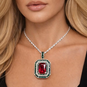 Collar de tenis con rubí y esmeralda: cadena de plata esterlina, regalo para el Día de la Madre.