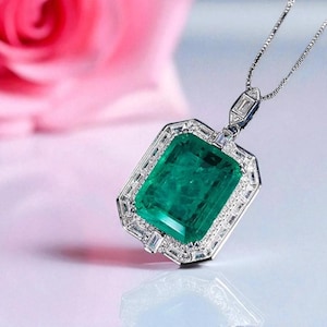 HUGE Halo Diamond Emerald Necklace with Lab Emerald and High Carbon Diamonds, Statement Necklace, Emerald Cut, 20 x 16mm, Gift for Her!