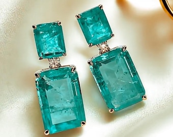 Paraiba Tourmaline Earrings, Vintage Geometric Style, 925 Silver, Turquoise Earrings Dangle, Drop Dangle, Rectangular Earrings!