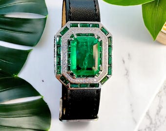Emerald Bracelet: Art Deco Sterling Silver Black Leather Watch Strap