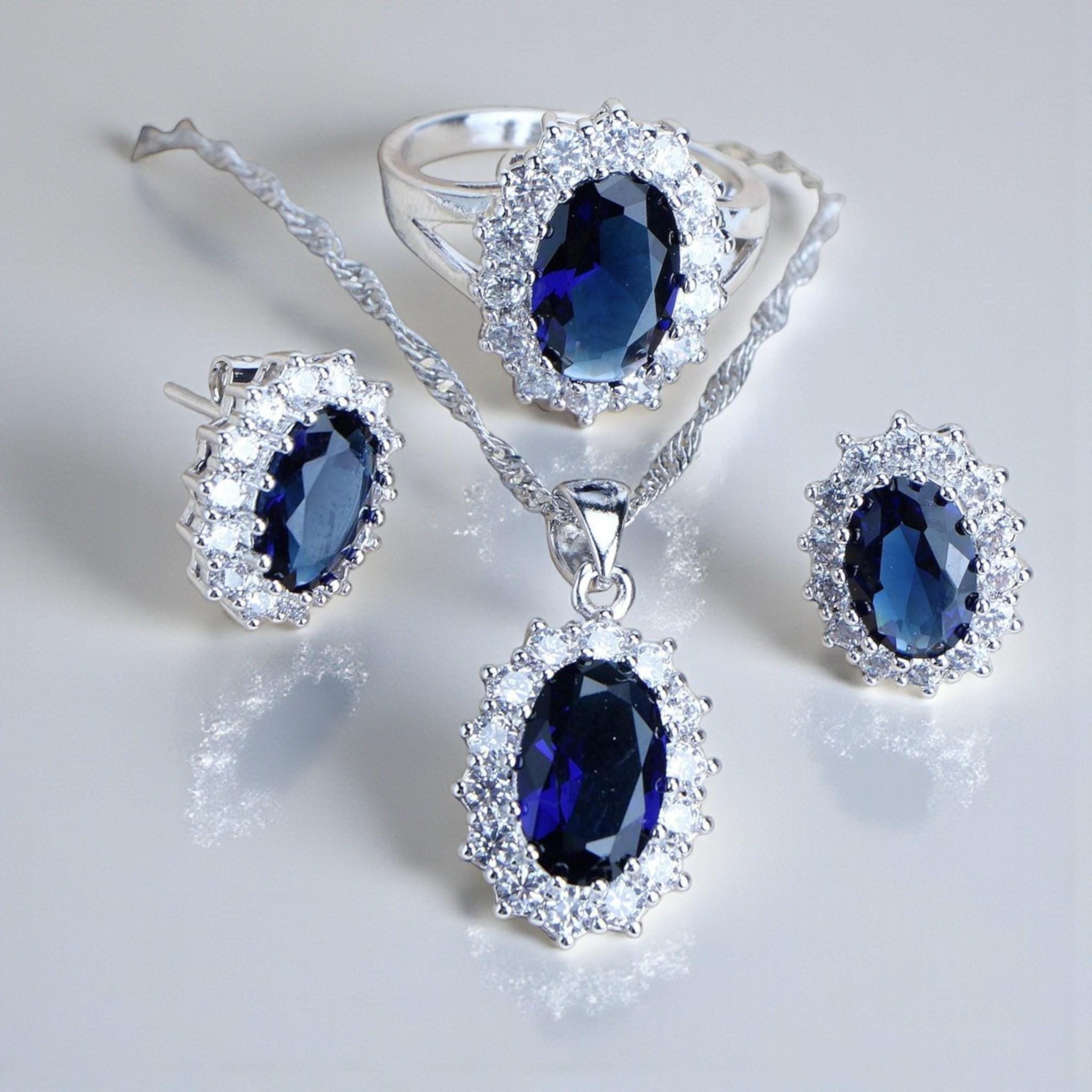Broche En Argent 925 Avec Saphir Bleu Simulé Et Zircone Cubique - Forme Fleur, Faite Main - Neuf Avec Étiquettes