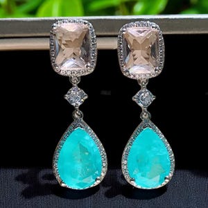 Blue Paraiba Tourmaline Dangle Drop Earrings, Emerald Cut, Cubic Zirconia, Blue Tourmaline Jewelry, Glam Luxury Bridal Wedding Gift for Her!