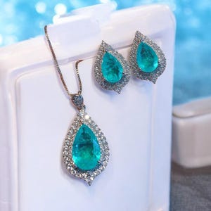 GLOWING Neon Blue Paraiba Tourmaline Necklace and Earrings Gift SET with High Carbon Diamond Halo set in 925 Silver, October Birthstone!
