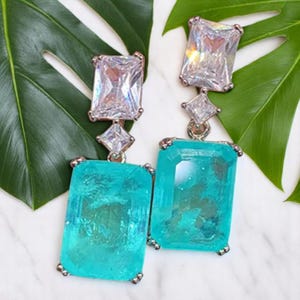 Blue Paraiba Tourmaline Dangle Drop Earrings, Emerald Cut, Cubic Zirconia, Blue Tourmaline Jewelry, Glam Luxury Bridal Wedding Gift for Her!