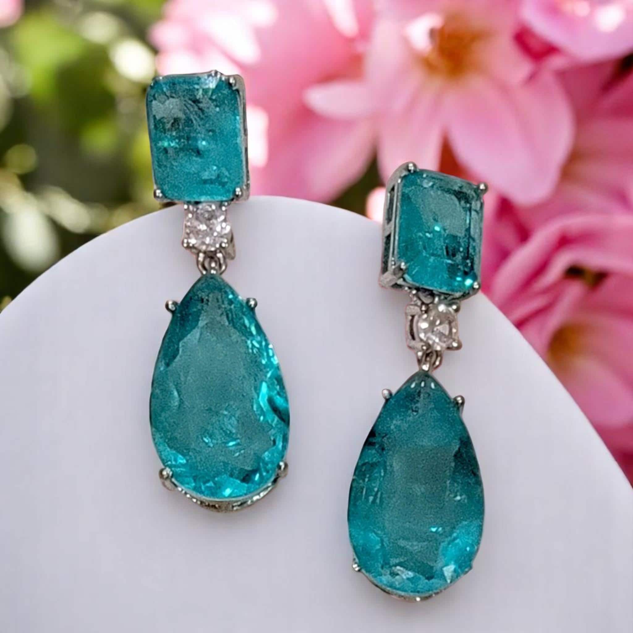Paraiba Tourmaline Earrings: Ocean Blue Teardrop Earrings, High Carbon Diamond, 925 Silver, October Birthstone, Tourmaline Jewelry!