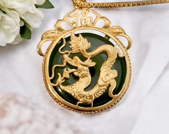 幸運の翡翠ドラゴンペンダントネックレス - ゴールデンドラゴン