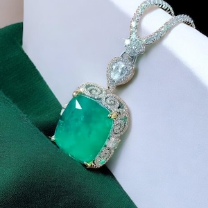 Emerald Necklace | CZ Diamond Tennis Chain | Elegant Wedding & Party Jewelry for Women, Statement Necklace, Huge 23 X 20mm Lab Emerald!