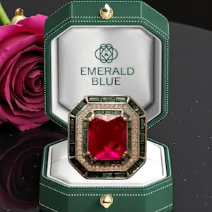 Jumbo Lab Grown Emerald Ruby Ring: Art Deco 925 Silver, Valentines Day Gift!