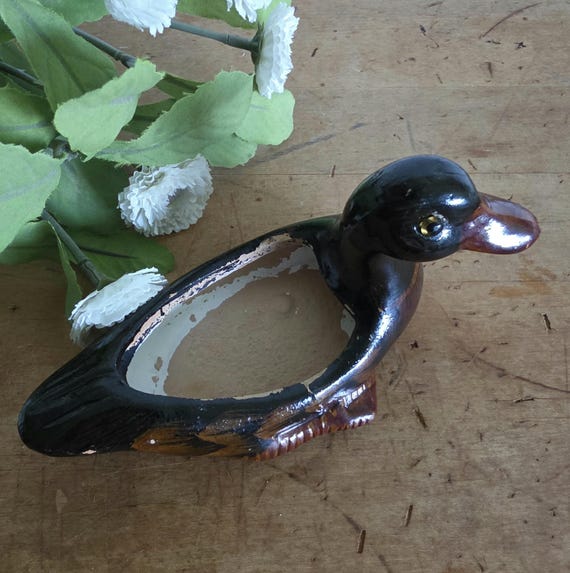 ヴィンテージ ハンドペイント セラミック アヒル 鳥 置物 小物入れ