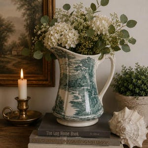 Vintage French Country Cottage Style Alfred Meakin England Green Transferware Tintern Pitcher Jug Vase