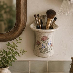 Handmade Studio Art Pottery Country Cottage Floral Speckled Toothbrush / Makeup Brush / Pen / Pencil Holder