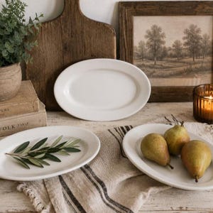 Vintage French Country Cottage Style Buffalo China Oval Plates Plate Set of (3) White 9 3/4”