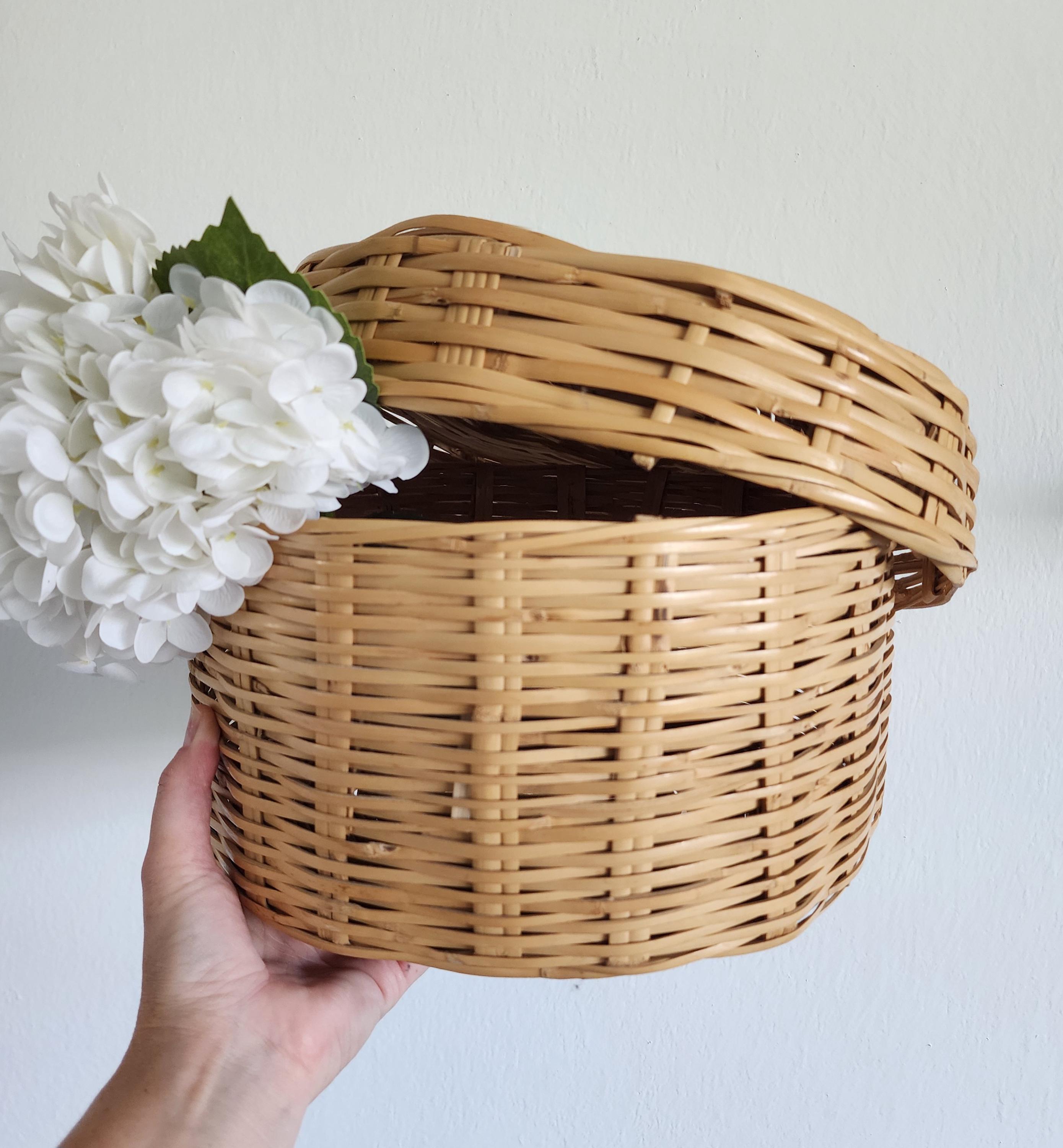 Vintage Woven Wicker Lidded Large Round Storage Basket French