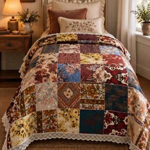 May include: A patchwork quilt featuring a variety of square fabric panels in shades of red, blue, yellow, and brown with floral and geometric patterns. The quilt is finished with a white scalloped lace trim along the bottom and side edges.