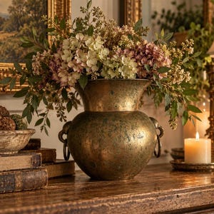 Può includere: Un vaso in ottone usurato con un bordo largo e svasato e due manici laterali ad anello, riempito con una rigogliosa composizione di fogliame verde e fiori di ortensia dai toni pallidi. La superficie metallica presenta una patina invecchiata.