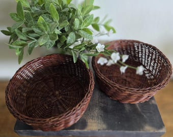 ヴィンテージのブラウンとブラックの編み込み籐バスケット - Etsy 日本