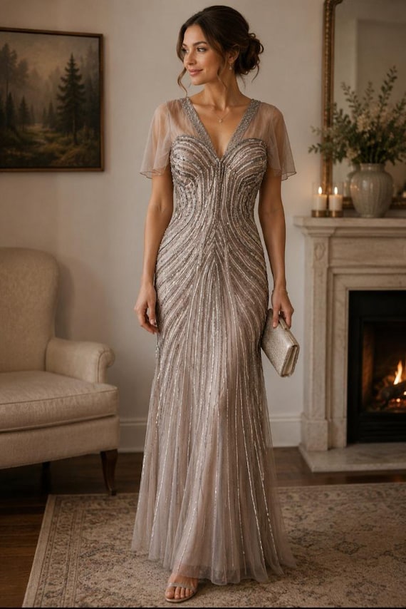 Vintage Alberto Makali Sz 16 Sequin Beaded Maxi Formal Gown Dress Gray Mermaid