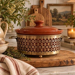 Puede incluir: Una fuente de horno redonda de cerámica color terracota con tapa a juego, encajada en una estructura metálica dorada decorativa con un patrón geométrico calado y dos asas laterales, que se apoya sobre pequeñas patas metálicas redondeadas.