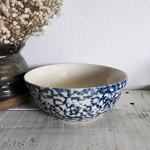 May include: A ceramic bowl with a cream interior and a blue and white spotted exterior pattern. The round bowl sits on a white wooden surface. A dark vase with dried flowers is partially visible in the background.