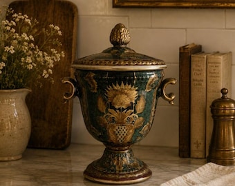 May include: A decorative ceramic urn with a lid, featuring a deep teal and gold floral pattern. The vessel has two ornate gold handles on the sides, a pedestal base, and a finial on the lid. The surface is detailed with intricate gold leaf motifs.
