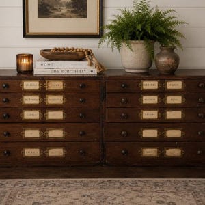 Antique European England Solid Wood Apothecary Blueprint / Flat File Organizing Furniture Cabinet Chest w/ 10 Pull Out Storage Drawers